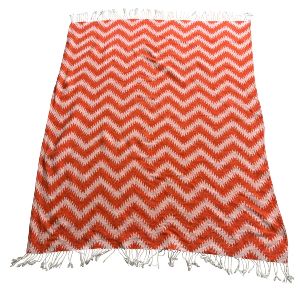 Roca Home Orange Chevron‎ Zig Zag Fringe Throw Blanket Made in Portugal 56x44"